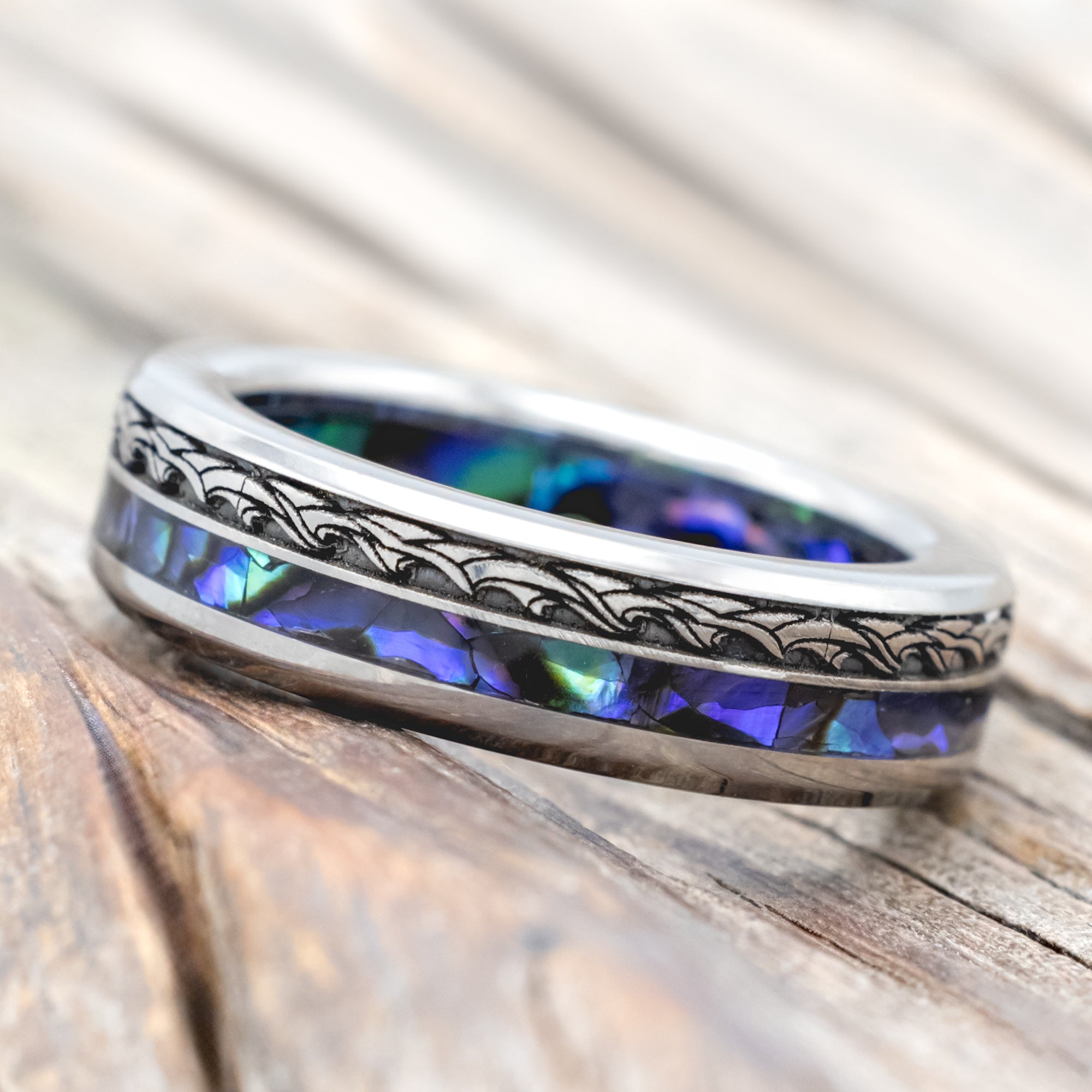 "TRITON" - WAVE ENGRAVED WEDDING BAND WITH PAUA SHELL INLAY & LINING-Staghead Designs