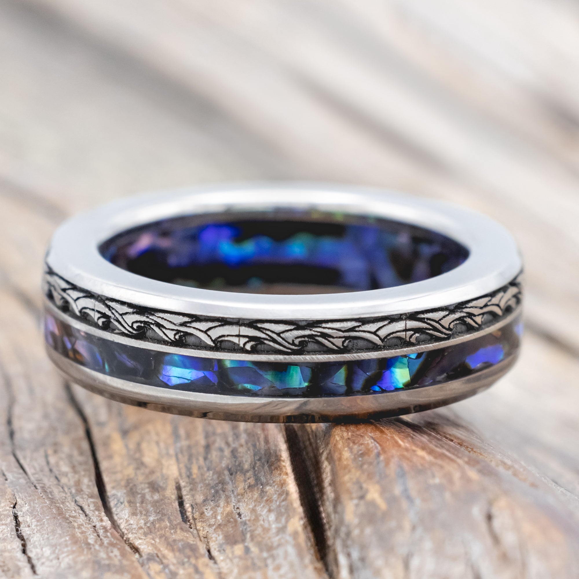"TRITON" - WAVE ENGRAVED WEDDING BAND WITH PAUA SHELL INLAY & LINING-Staghead Designs
