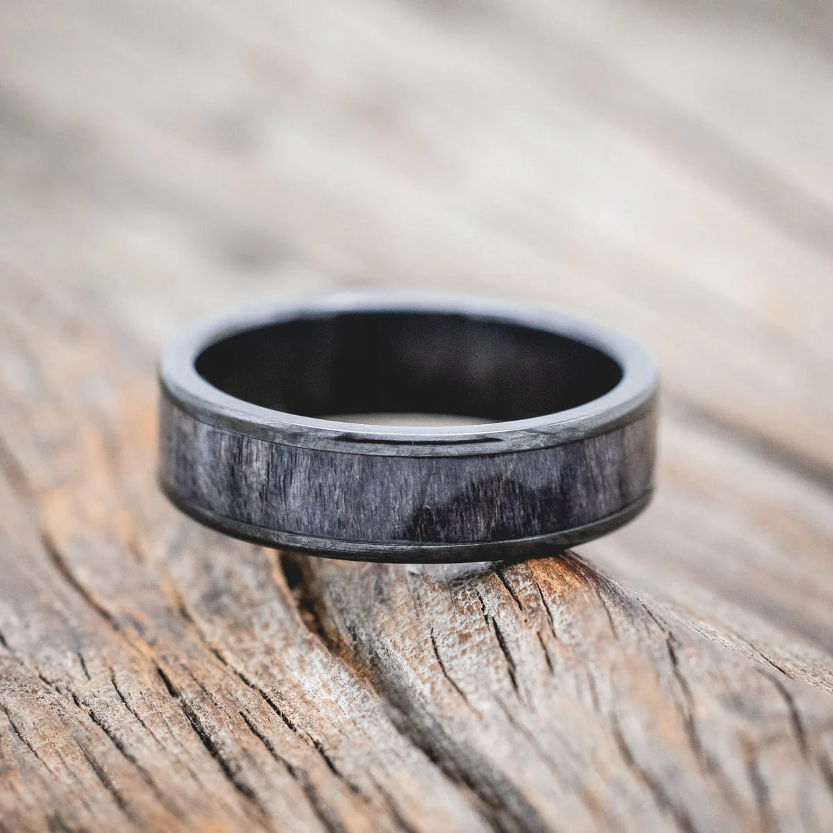 "RAINIER" - DARK MAPLE WOOD WEDDING RING - BLACK ZIRCONIUM (6MM) - SIZE 9-Staghead Designs