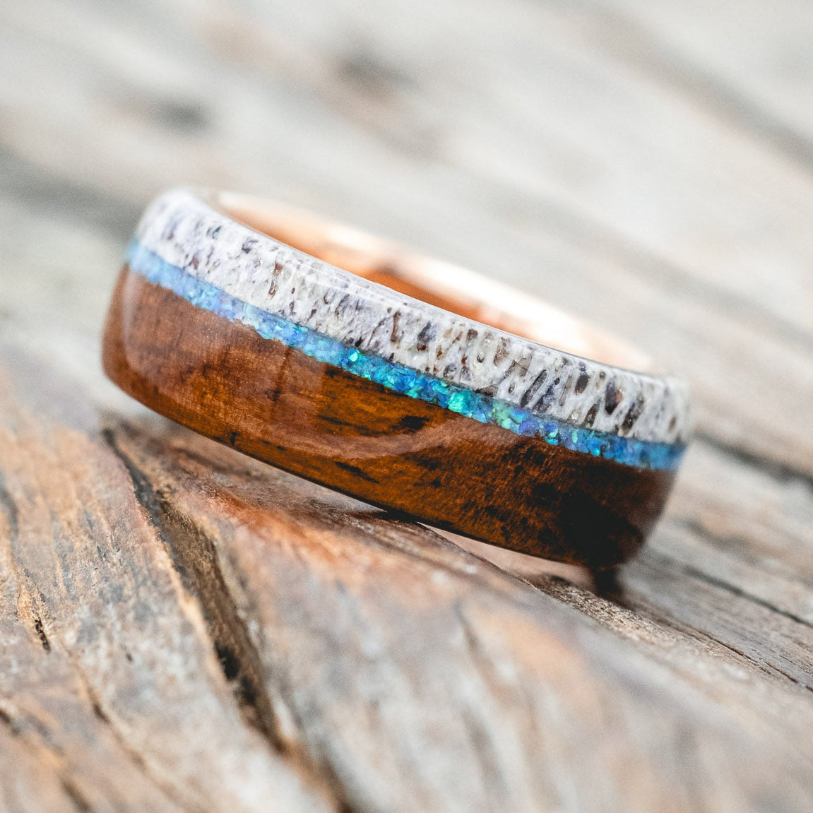 "ARGOS" - BLUE OPAL, IRONWOOD & ANTLER WEDDING BAND-Staghead Designs