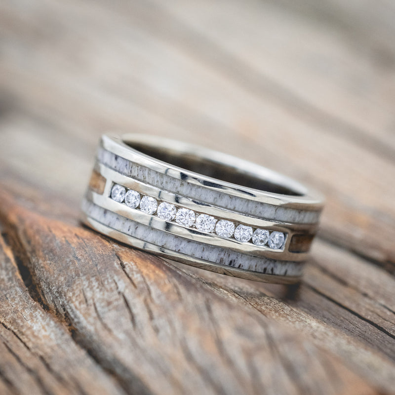 "RIO" - WHISKEY BARREL OAK INLAYS WEDDING BAND WITH DIAMOND ACCENTS-Staghead Designs