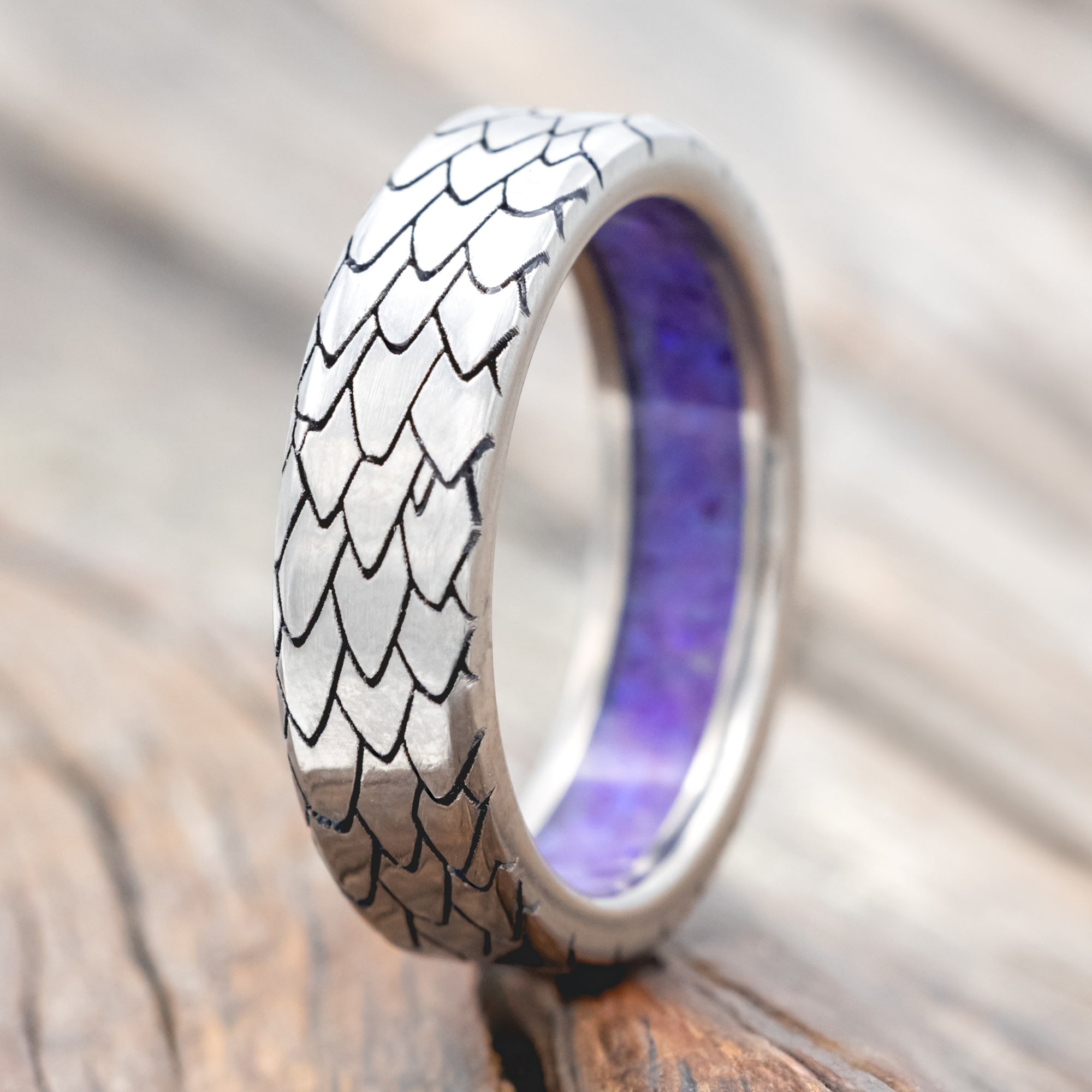 "Echo" - Dragon Scale Wedding Ring Featuring A Starburst Opal Lined Band-Staghead Designs