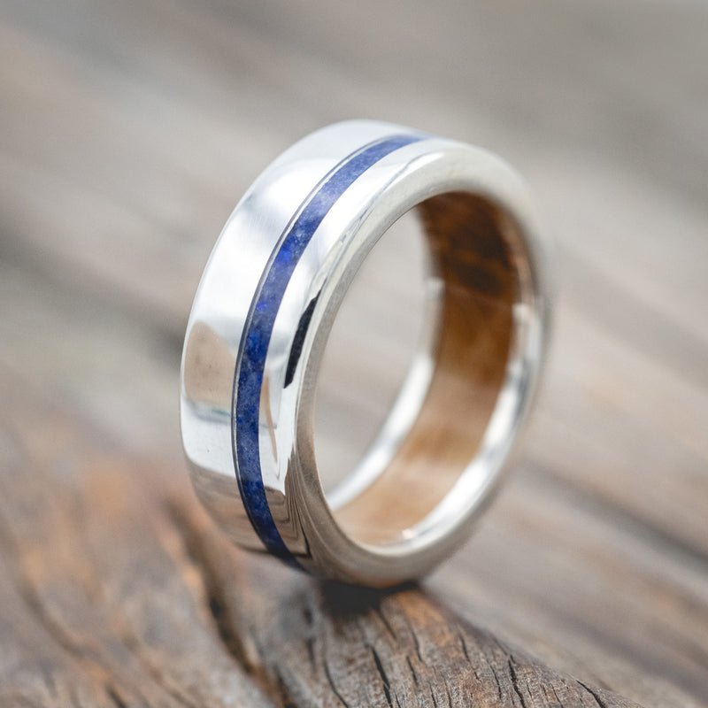 "VERTIGO" - LAPIS LAZULI WEDDING RING FEATURING A WHISKEY BARREL LINED BAND-Staghead Designs