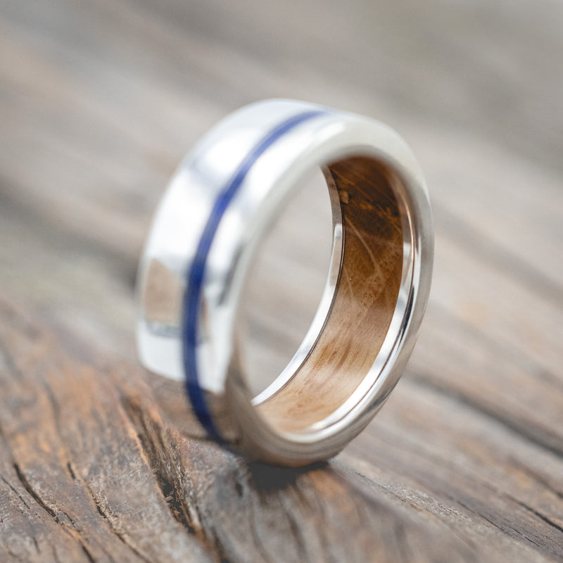 "VERTIGO" - LAPIS LAZULI WEDDING RING FEATURING A WHISKEY BARREL LINED BAND-Staghead Designs