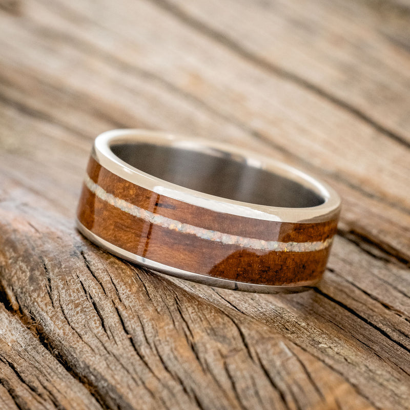 "RAINIER" - IRONWOOD WITH OFFSET FIRE & ICE OPAL WEDDING BAND-2