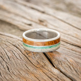 "DYAD" - FIRE & ICE OPAL, MALACHITE, & WHISKEY BARREL OAK WEDDING RING - DAMASCUS STEEL - SIZE 10 1/2-3