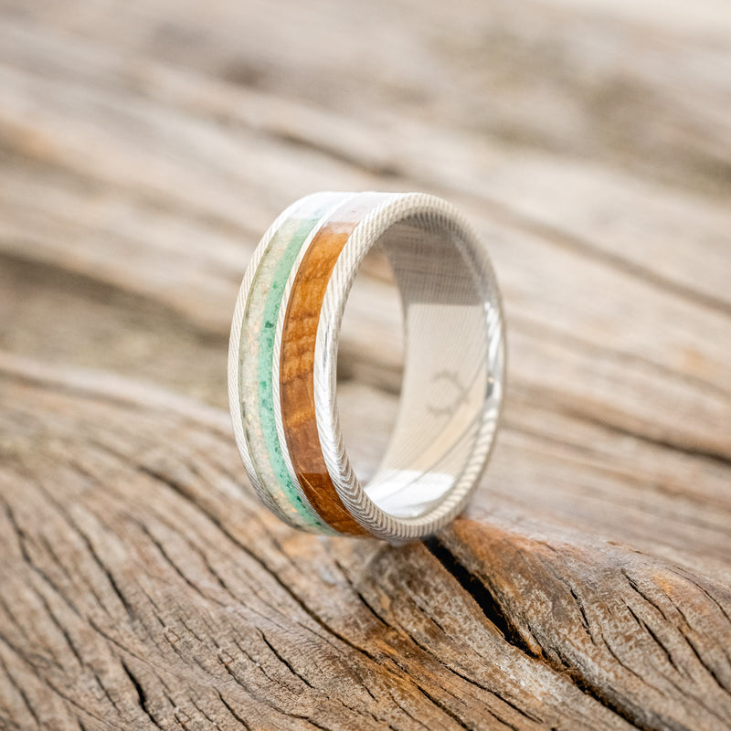 "DYAD" - FIRE & ICE OPAL, MALACHITE, & WHISKEY BARREL OAK WEDDING RING - DAMASCUS STEEL - SIZE 10 1/2-1