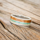 "DYAD" - FIRE & ICE OPAL, MALACHITE, & WHISKEY BARREL OAK WEDDING RING - DAMASCUS STEEL - SIZE 10 1/2-2