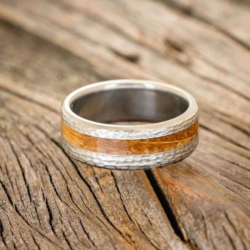 "NIRVANA" - CENTERED WHISKEY BARREL INLAY WEDDING BAND WITH HAMMERED FINISH-3