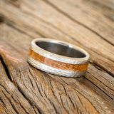 "NIRVANA" - CENTERED WHISKEY BARREL INLAY WEDDING BAND WITH HAMMERED FINISH-2