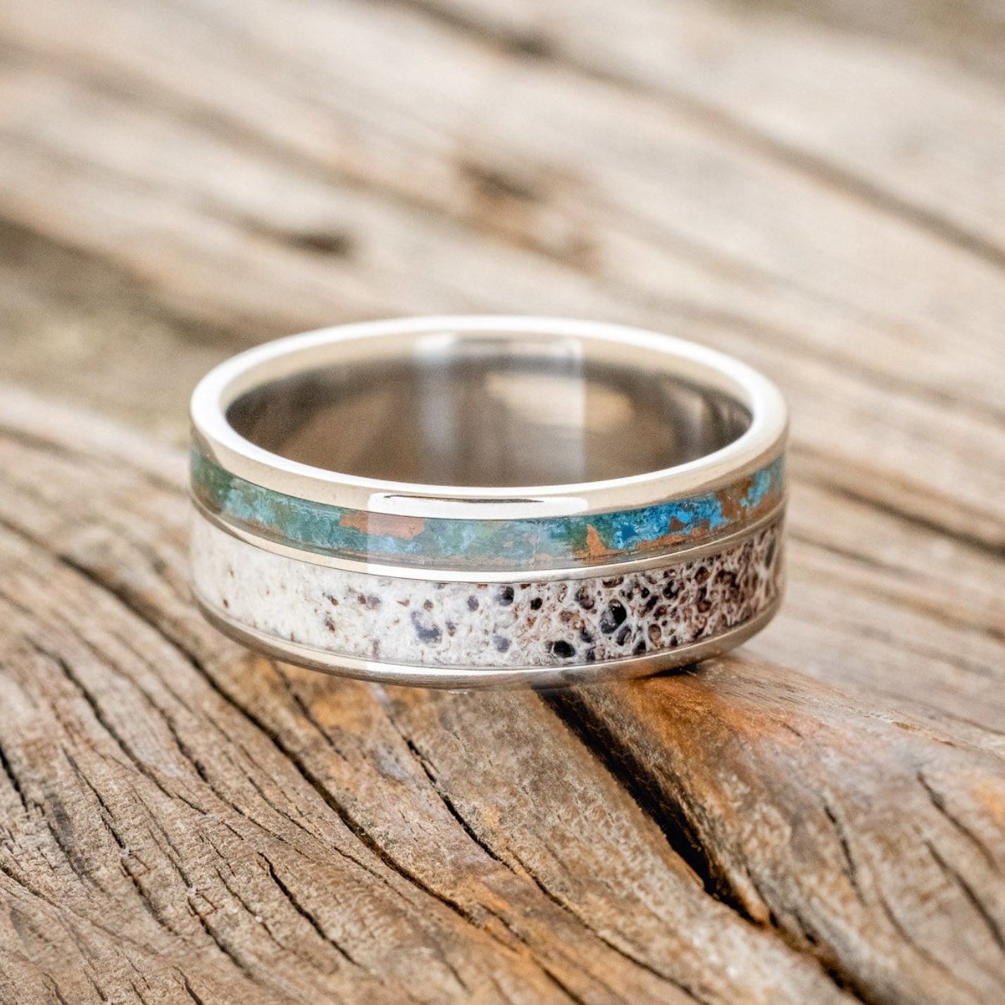 "RAPTOR" - PATINA COPPER & ANTLER WEDDING BAND-3