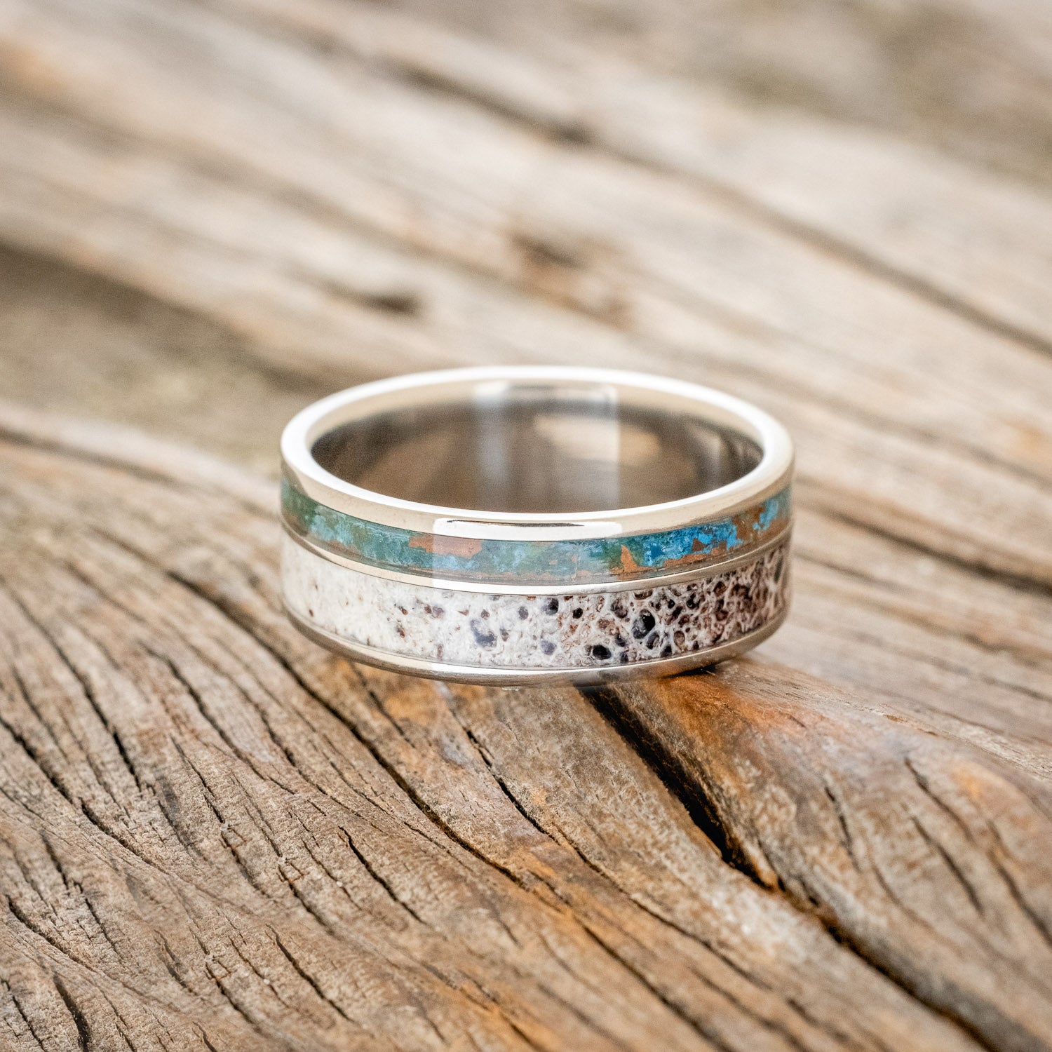 "RAPTOR" - PATINA COPPER & ANTLER WEDDING BAND-3