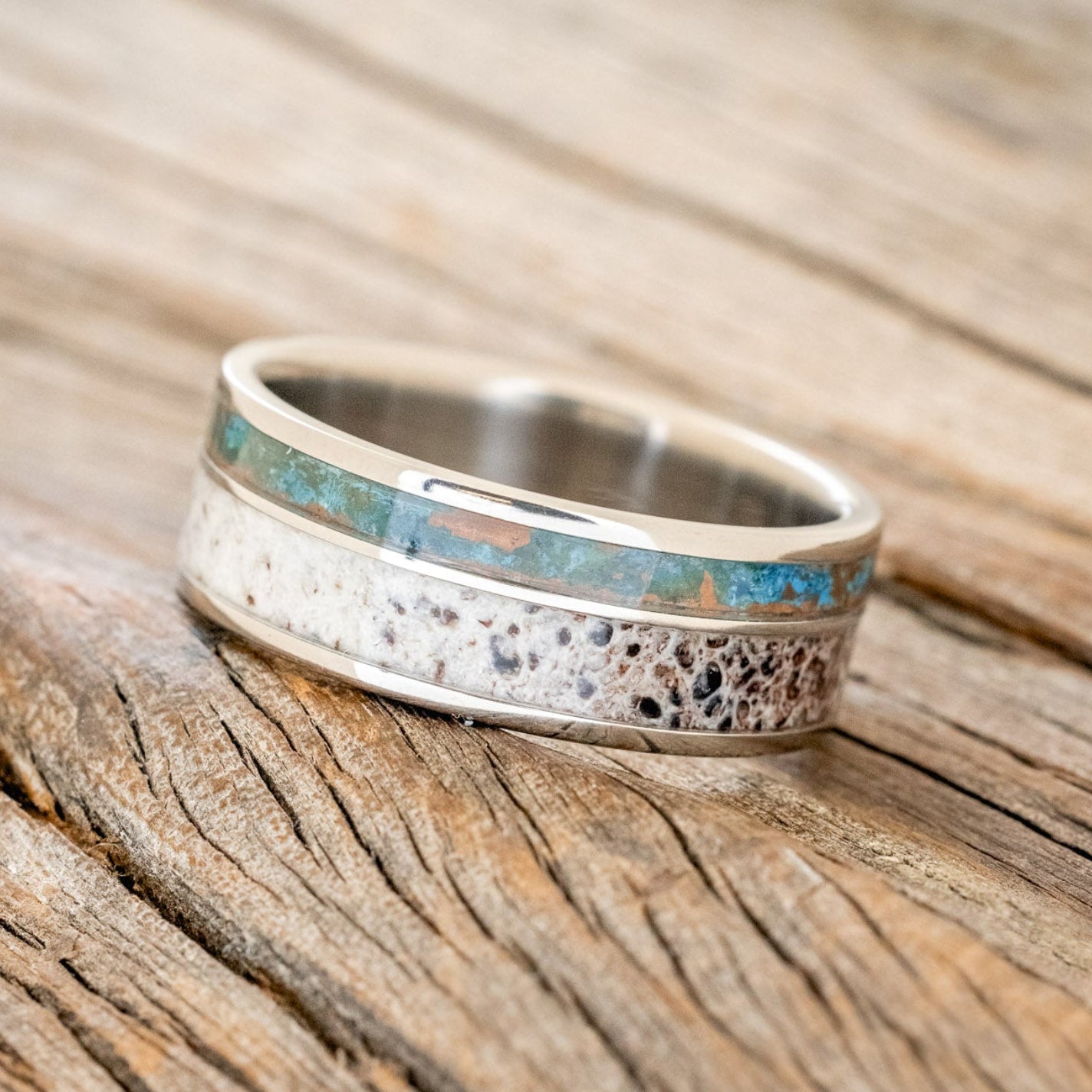 "RAPTOR" - PATINA COPPER & ANTLER WEDDING BAND-2