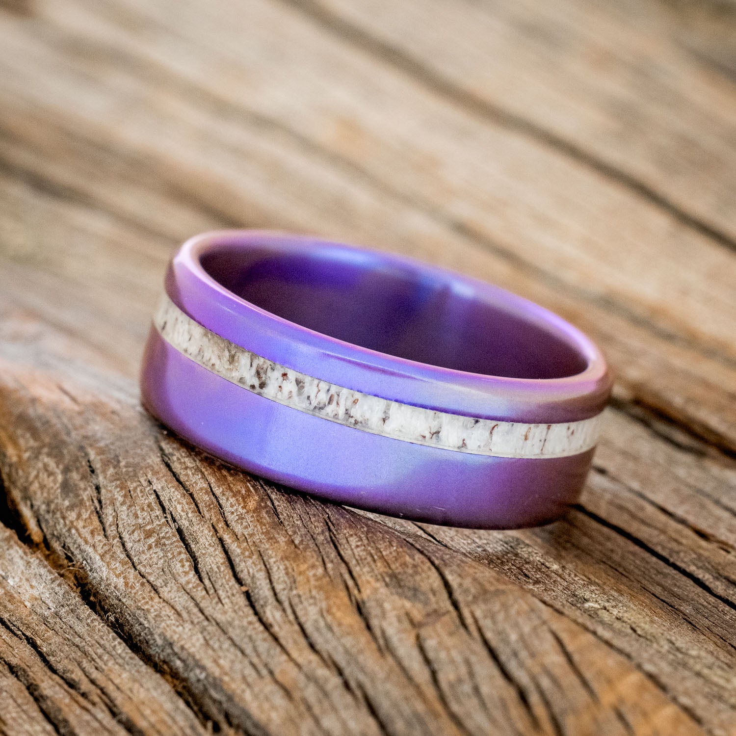 "VERTIGO" - FIRE-TREATED TITANIUM WEDDING BAND WITH ANTLER INLAY-2