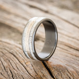 "RYDER" - ANTLER & HAMMERED GOLD INLAY WEDDING RING - BLACK ZIRCONIUM - SIZE 10 1/4-1