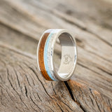 "ELEMENT" - KOA WOOD, ANTLER & TURQUOISE WEDDING BAND - DAMASCUS STEEL - SIZE 10 1/4-1