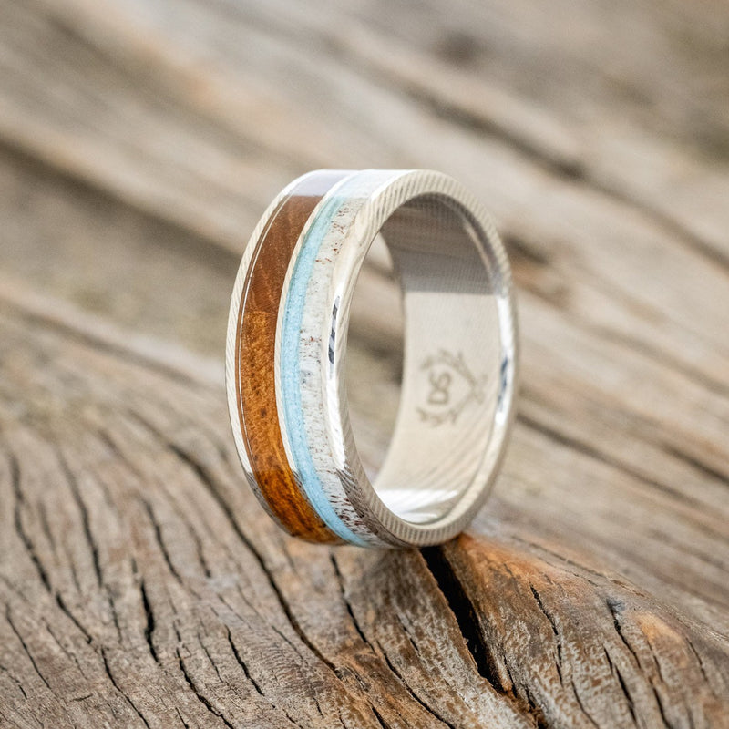 "ELEMENT" - KOA WOOD, ANTLER & TURQUOISE WEDDING BAND-1