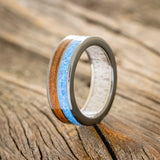 "DYAD" - KOA WOOD & BLUE OPAL WEDDING RING FEATURING AN ANTLER LINED BAND-7