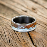 "THE EXPEDITION" - MOUNTAIN ENGRAVED WEDDING RING WITH IRONWOOD, TURQUOISE & DIAMOND DUST-3