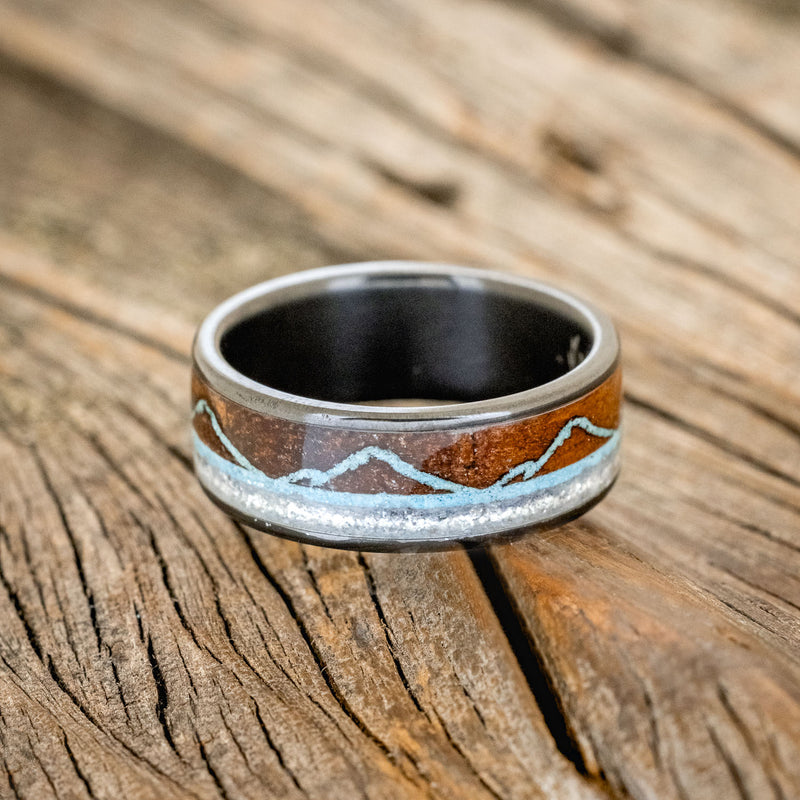 "THE EXPEDITION" - MOUNTAIN ENGRAVED WEDDING RING WITH IRONWOOD, TURQUOISE & DIAMOND DUST-3