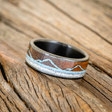 "THE EXPEDITION" - MOUNTAIN ENGRAVED WEDDING RING WITH IRONWOOD, TURQUOISE & DIAMOND DUST-1