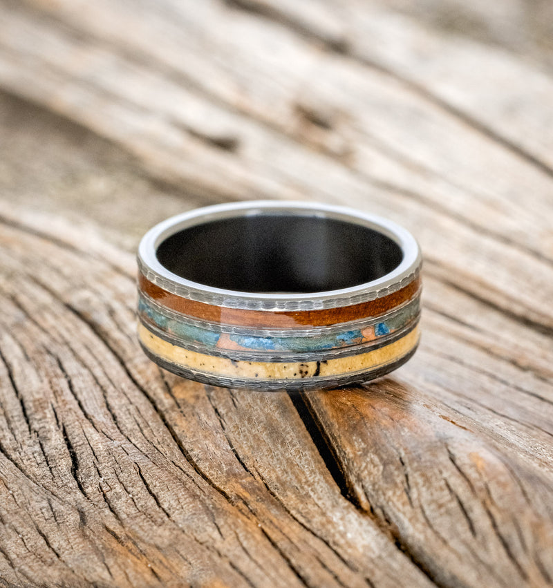 "RIO" - IRONWOOD, PATINA COPPER, & SPALTED MAPLE WEDDING BAND WITH A HAMMERED FINISH - BLACK ZIRCONIUM - SIZE 10-3