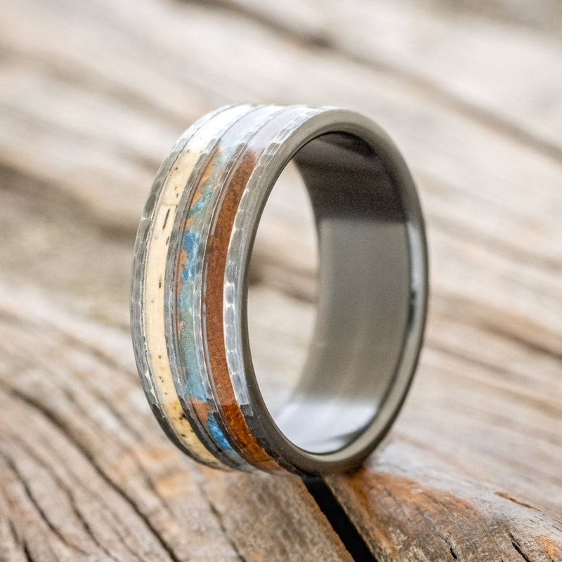 "RIO" - IRONWOOD, PATINA COPPER, & SPALTED MAPLE WEDDING BAND WITH A HAMMERED FINISH - BLACK ZIRCONIUM - SIZE 10-1