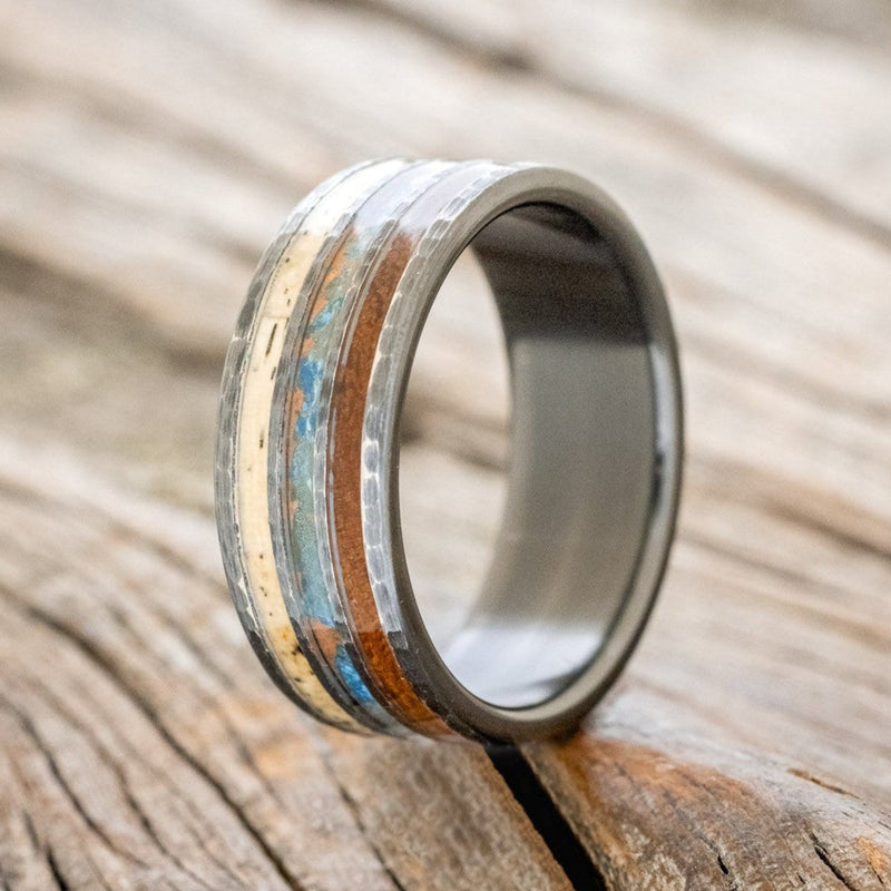 "RIO" - IRONWOOD, PATINA COPPER, & SPALTED MAPLE WEDDING BAND WITH A HAMMERED FINISH