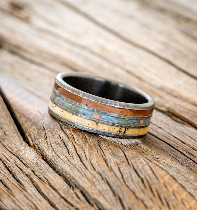 "RIO" - IRONWOOD, PATINA COPPER, & SPALTED MAPLE WEDDING BAND WITH A HAMMERED FINISH - BLACK ZIRCONIUM - SIZE 10-2