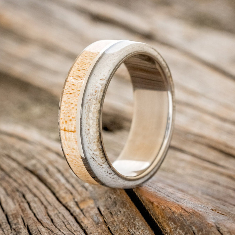 "GOLDEN" - ASPEN WOOD, ANTLER & 14K WHITE GOLD INLAY WEDDING BAND-1