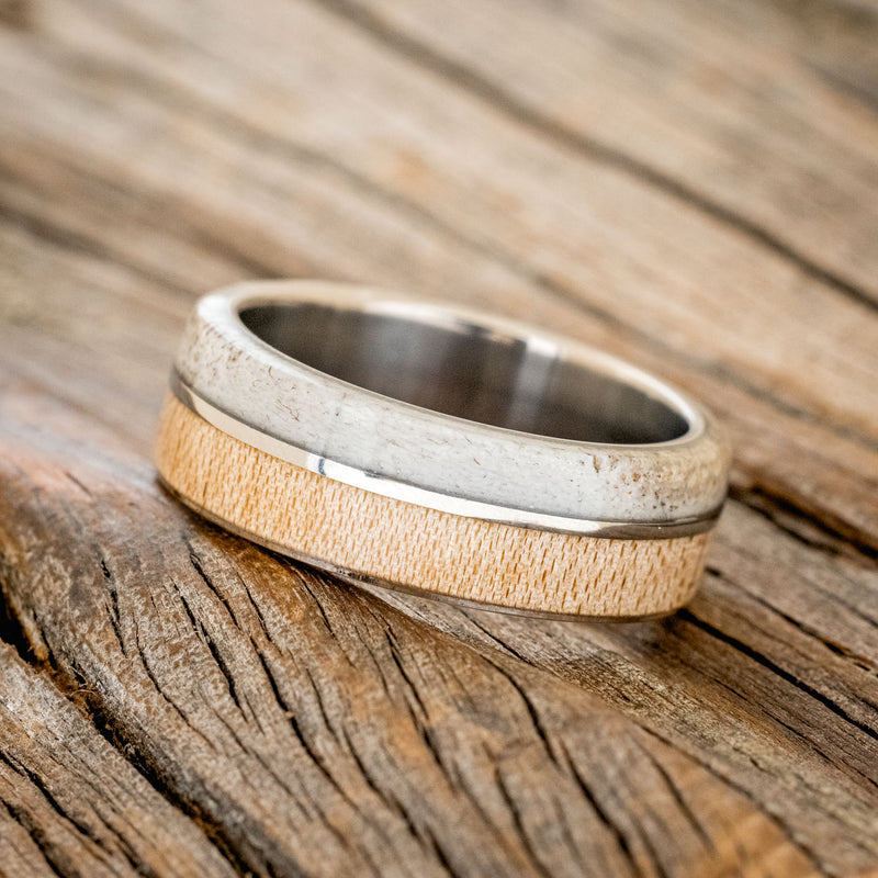 "GOLDEN" - ASPEN WOOD, ANTLER & 14K WHITE GOLD INLAY WEDDING BAND-2