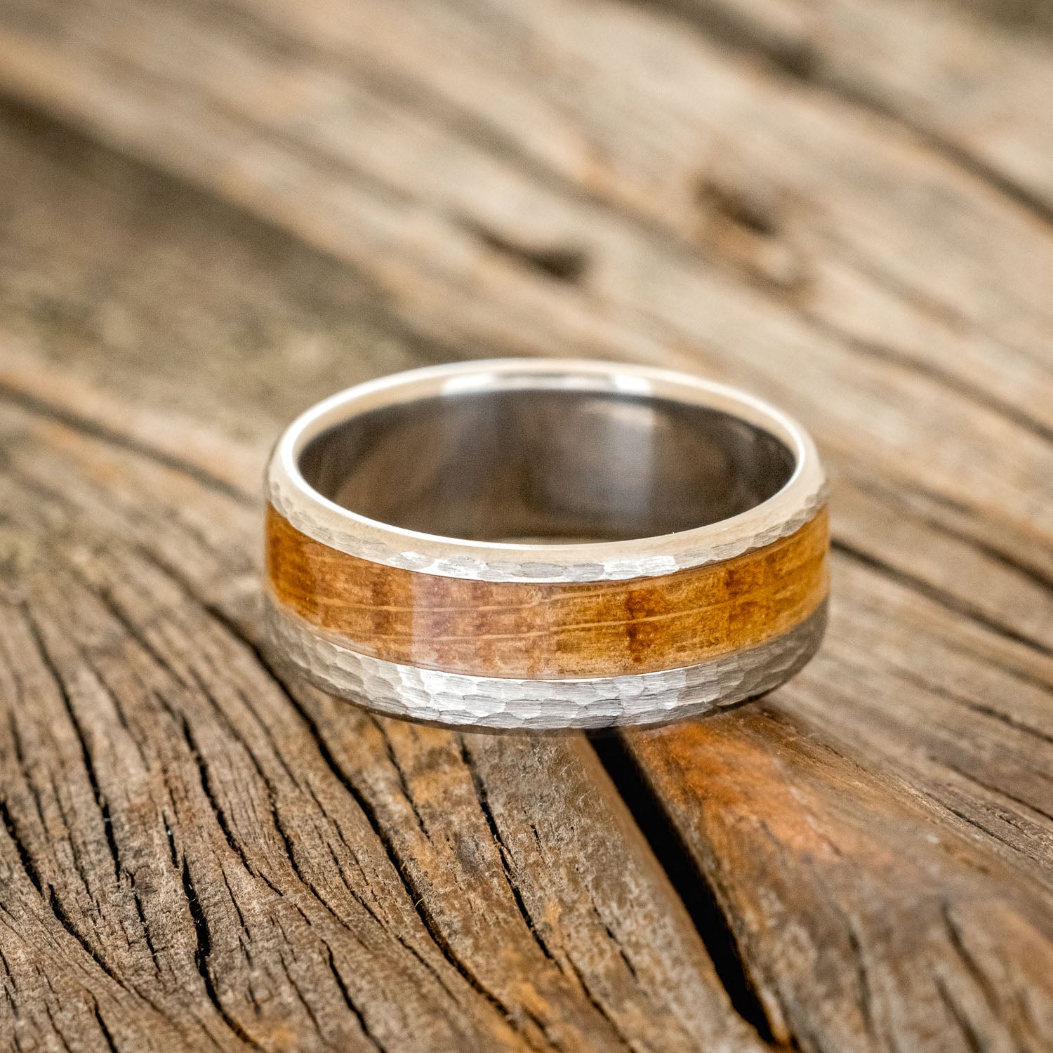 "CASTOR" - WHISKEY BARREL OAK WEDDING RING WITH A HAMMERED FINISH-3