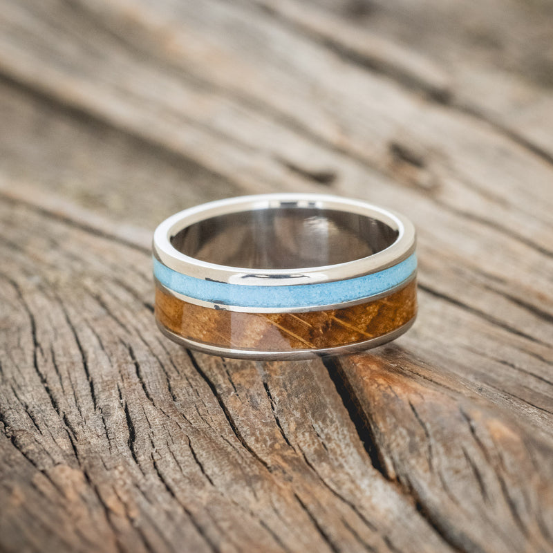 "RAPTOR" - WHISKEY BARREL OAK & TURQUOISE WEDDING BAND