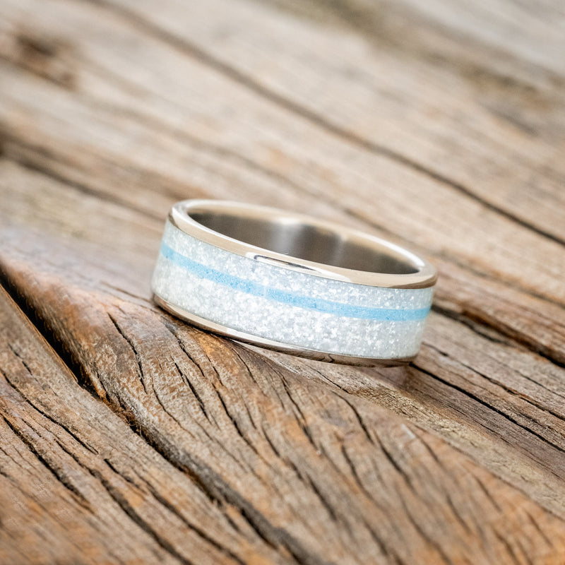 "RAINIER" - DIAMOND DUST & TURQUOISE WEDDING BAND - TITANIUM - SIZE 10-2