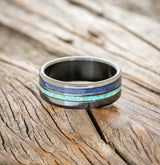 "COSMO" - LAPIS LAZULI WITH MALACHITE & OPAL MIX WEDDING RING - BLACK ZIRCONIUM - SIZE 11 1/2-3