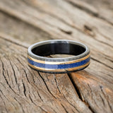 "HOLLIS" - LAPIS LAZULI & 14K GOLD INLAYS WEDDING RING IN A HAMMERED FINISH-3