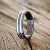 "HOLLIS" - LAPIS LAZULI & 14K GOLD INLAYS WEDDING RING IN A HAMMERED FINISH-1