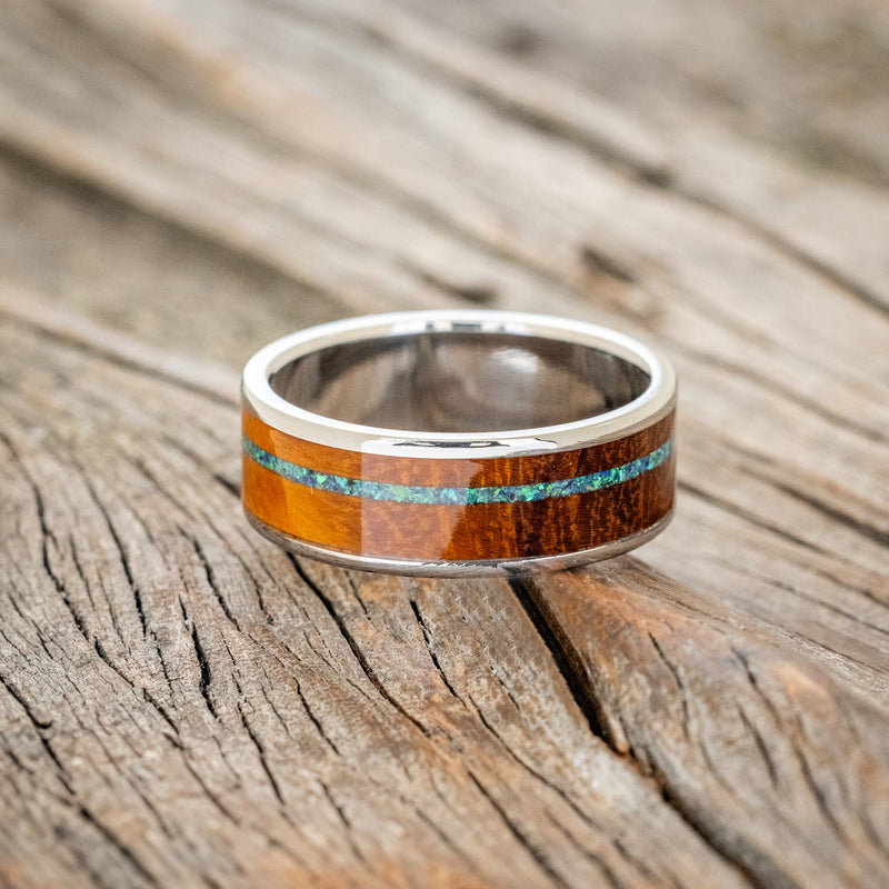 "RAINIER" - IRONWOOD WITH OFFSET BLACK EMERALD OPAL WEDDING BAND-3