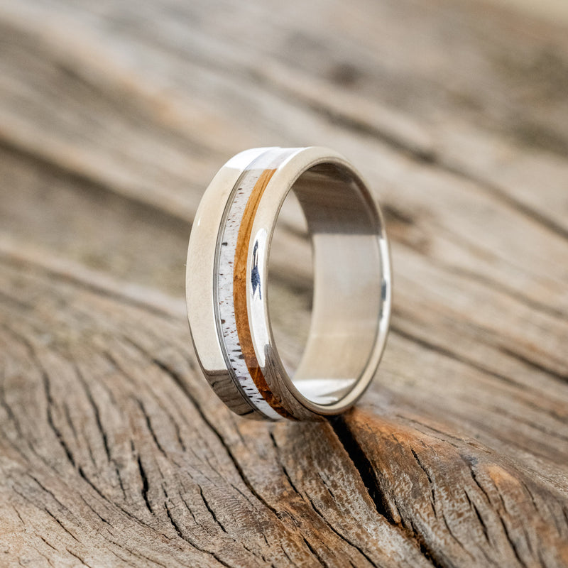 "CASTOR" - ANTLER & WHISKEY BARREL WEDDING RING - TITANIUM - SIZE 11 1/2-1