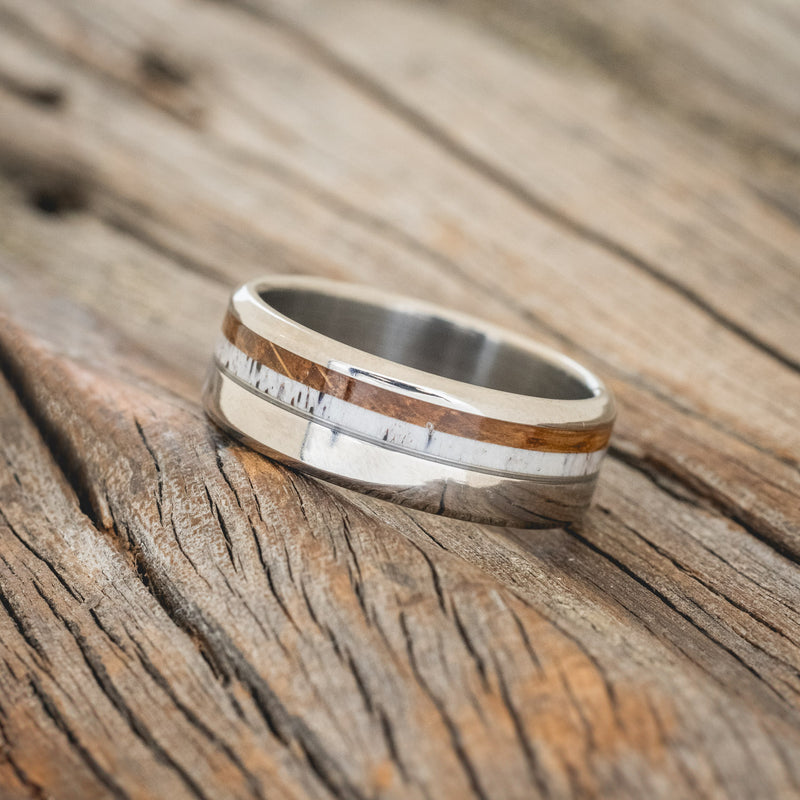 "CASTOR" - ANTLER & WHISKEY BARREL WEDDING RING - TITANIUM - SIZE 11 1/2-2