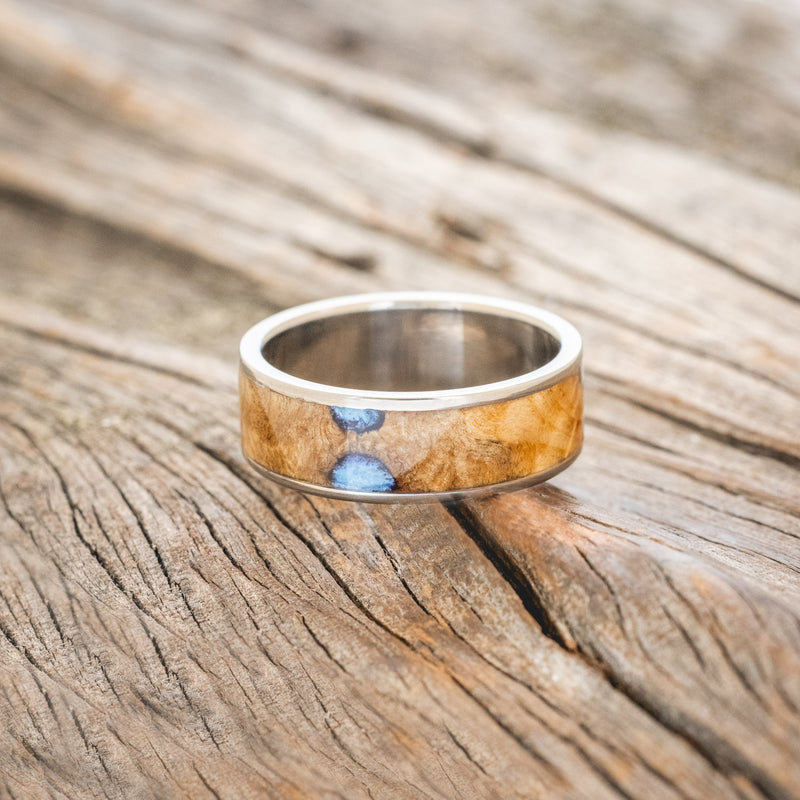 "RAINIER" - BUCKEYE BURL & TURQUOISE WEDDING BAND - TITANIUM - SIZE 11 1/2-3