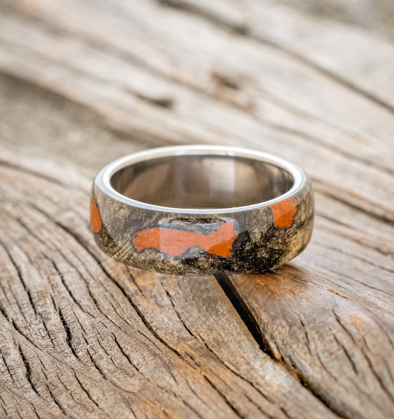 "HAVEN" - BUCKEYE BURL WOOD & JASPER WEDDING BAND - TITANIUM - SIZE 11 1/4-3