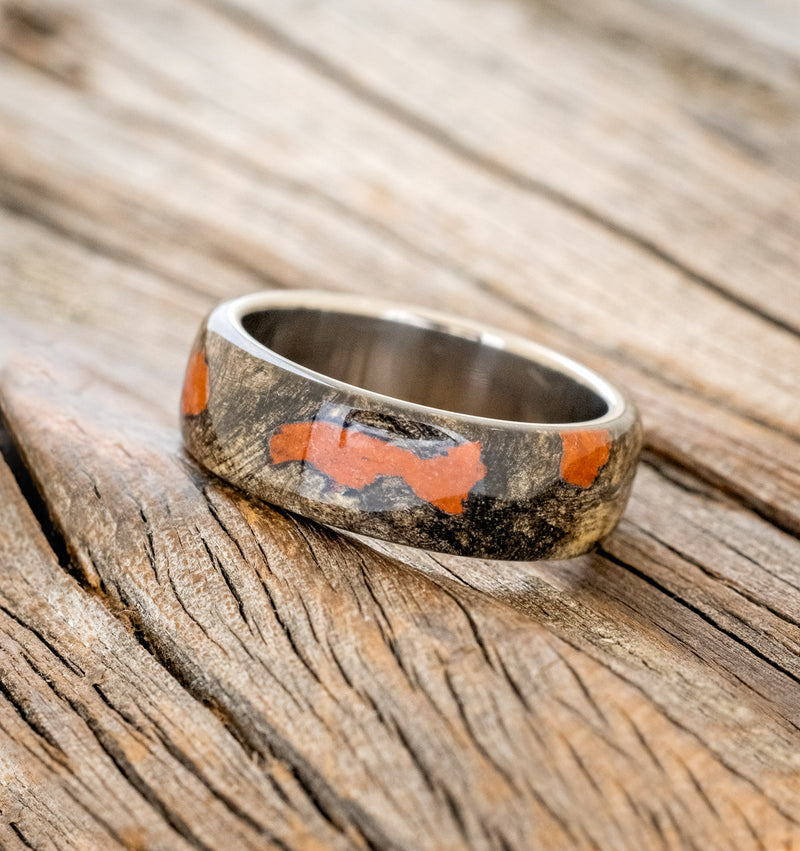 "HAVEN" - BUCKEYE BURL WOOD & JASPER WEDDING BAND - TITANIUM - SIZE 11 1/4-2