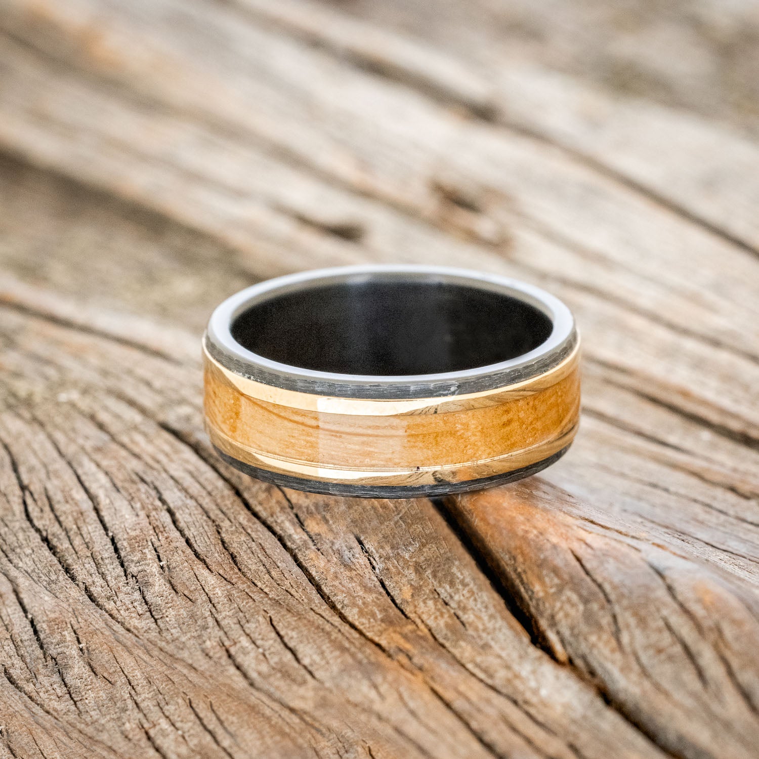 "HOLLIS" - WHISKEY BARREL & 14K GOLD INLAYS WEDDING RING-3