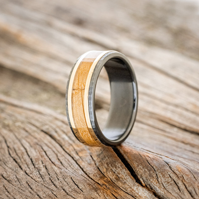 "HOLLIS" - WHISKEY BARREL & 14K YELLOW GOLD INLAYS WEDDING RING FEATURING A HAMMERED BAND - BLACK ZIRCONIUM - SIZE 11-1