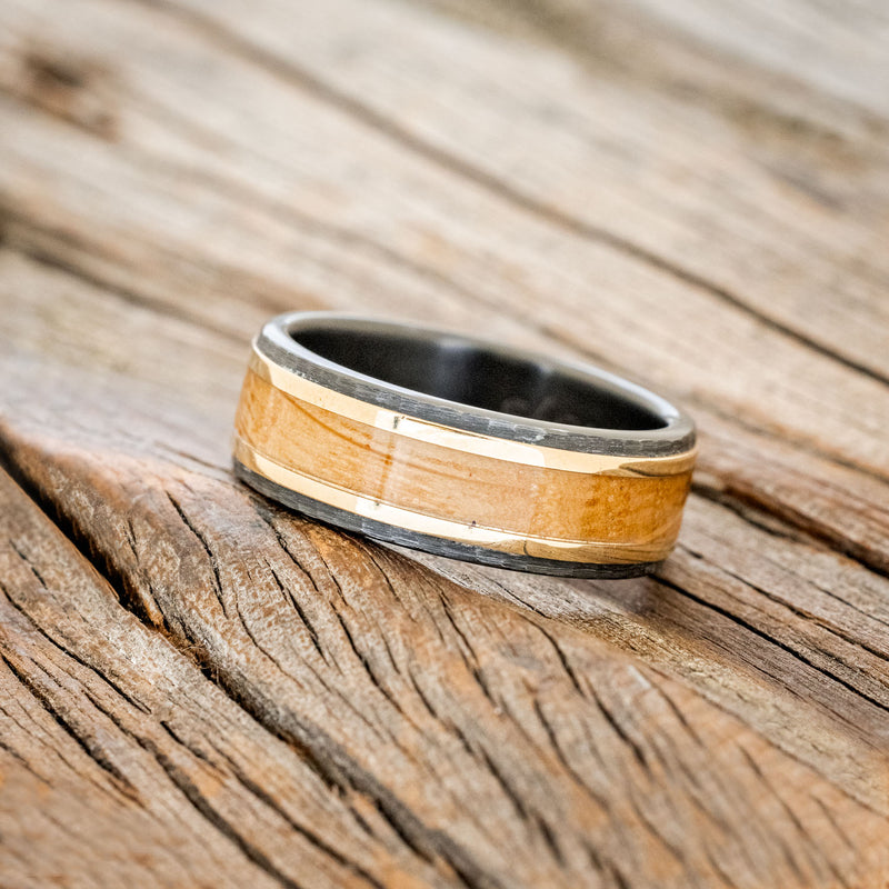 "HOLLIS" - WHISKEY BARREL & 14K YELLOW GOLD INLAYS WEDDING RING FEATURING A HAMMERED BAND - BLACK ZIRCONIUM - SIZE 11-2