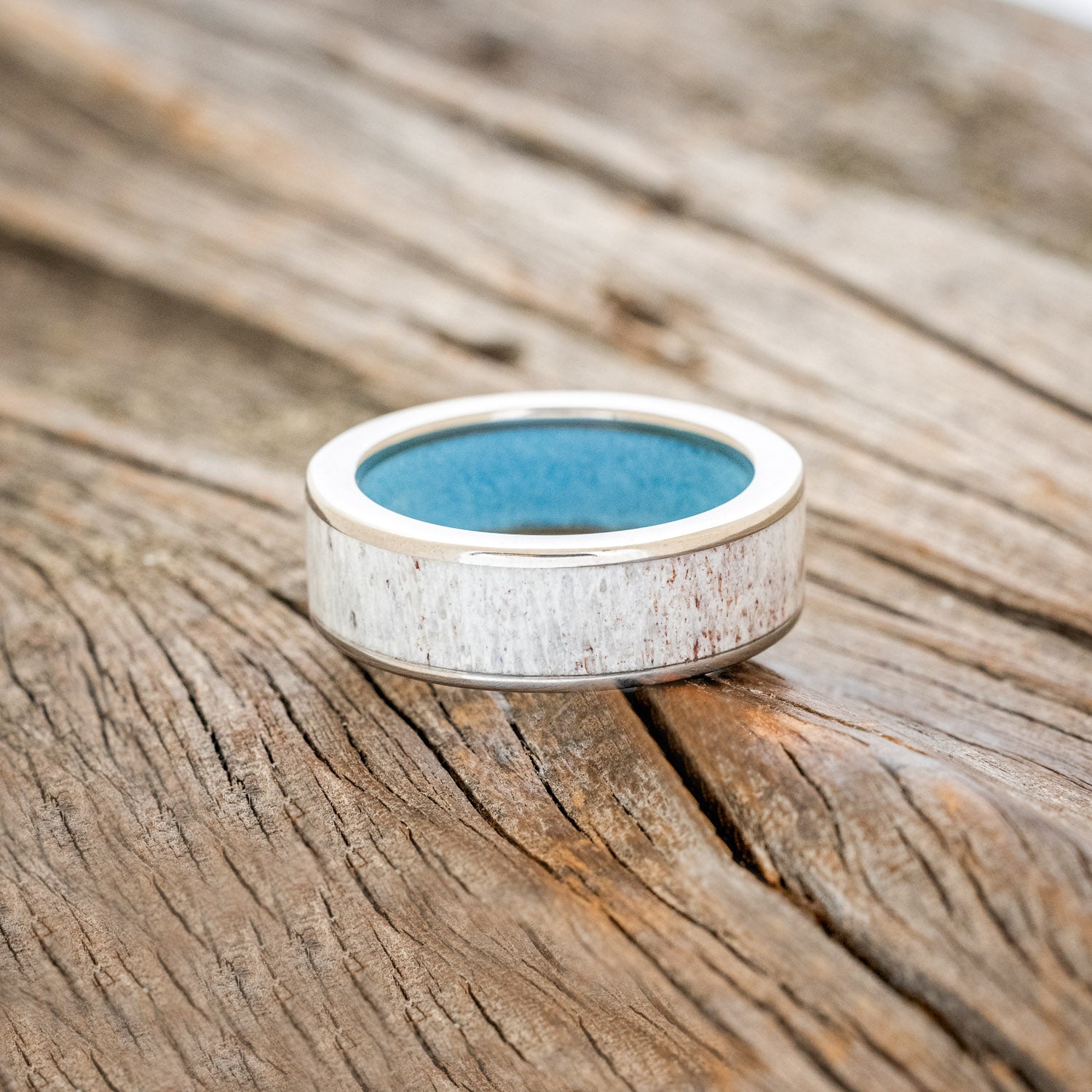 "RAINIER" - ANTLER INLAY AND TURQUOISE LINING WEDDING RING-4