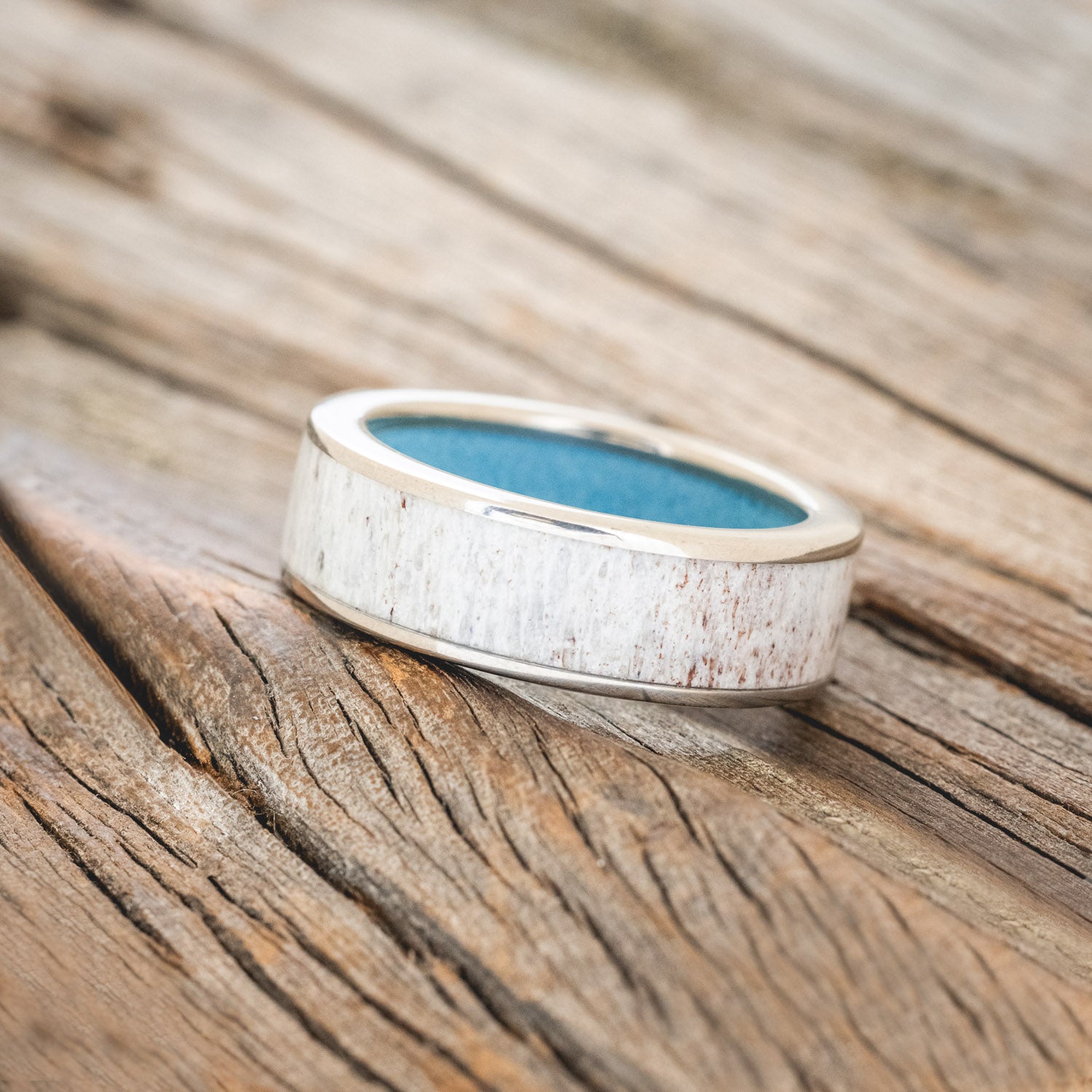 "RAINIER" - ANTLER INLAY AND TURQUOISE LINING WEDDING RING-2
