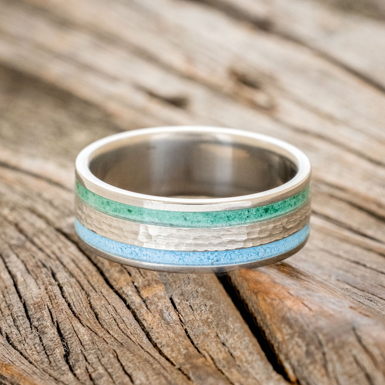 "RYDER" - TURQUOISE & MALACHITE INLAY WEDDING RING WITH A HAMMERED CENTER-3