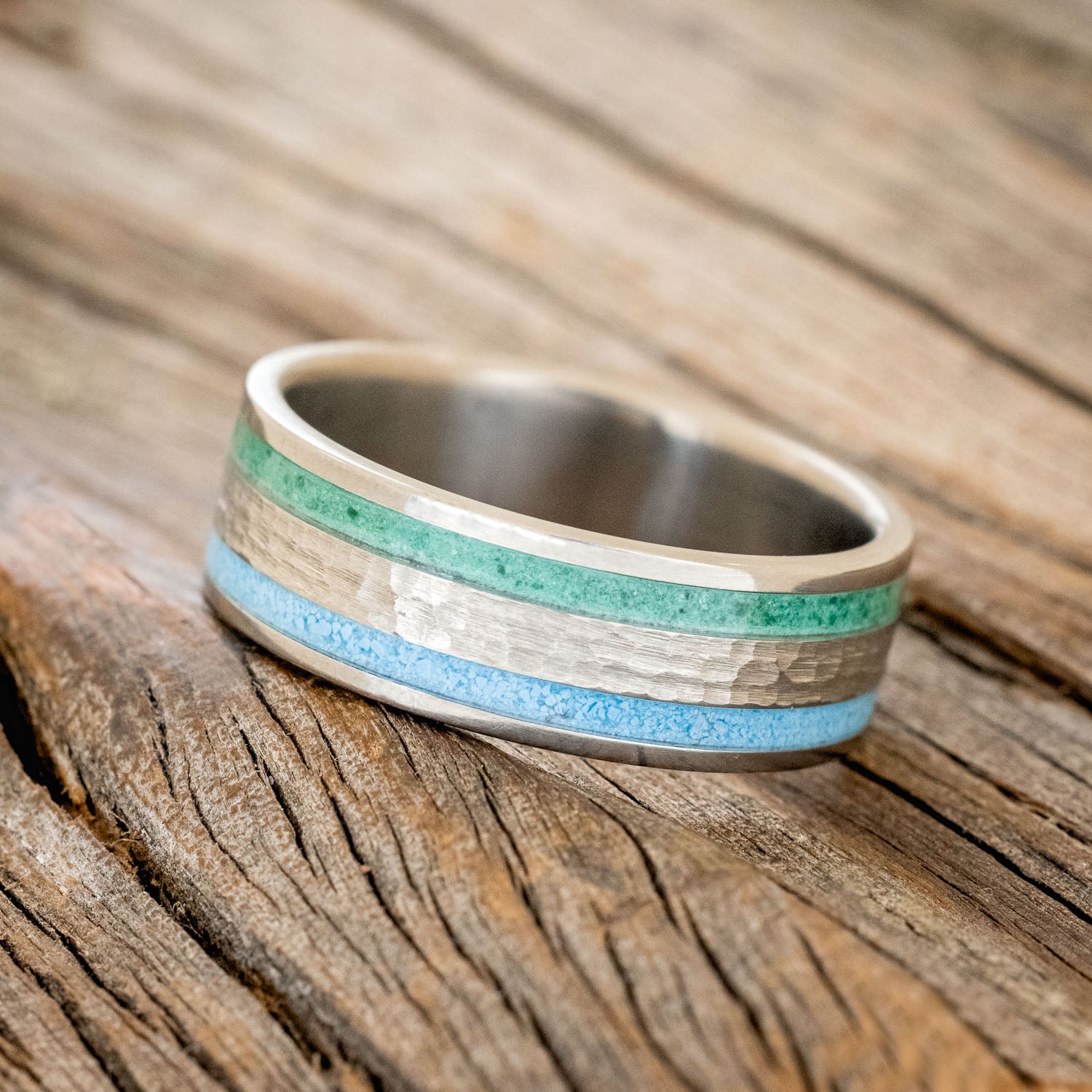 "RYDER" - TURQUOISE & MALACHITE INLAY WEDDING RING WITH A HAMMERED CENTER-2